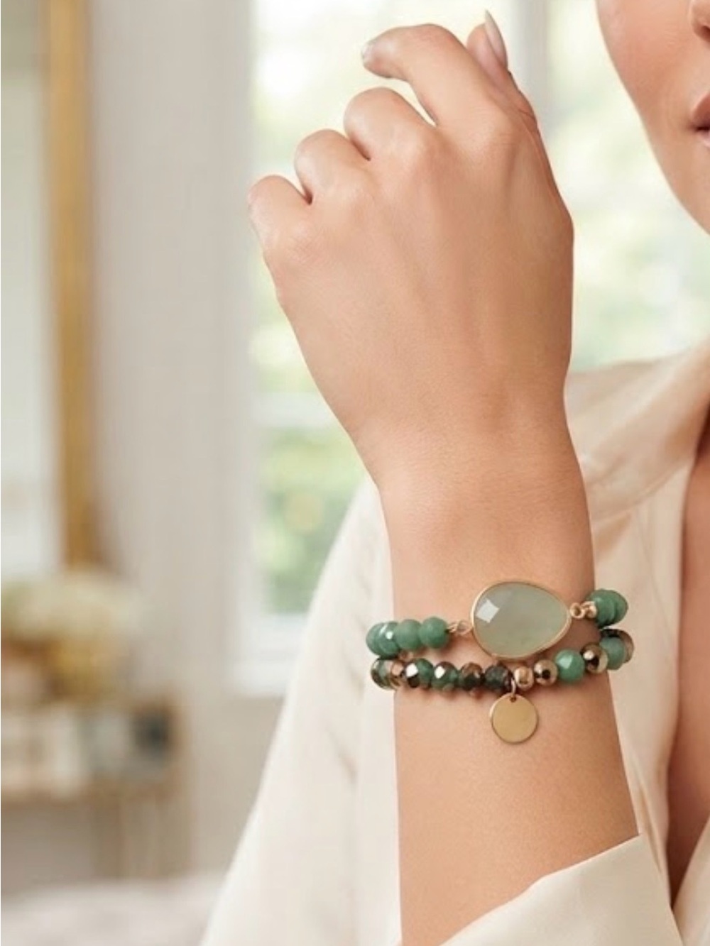Green Beaded Gold-Tone Stackable Bracelet Set